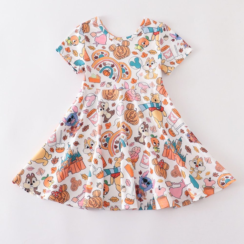 Boutique Mickey Pumpkin Cartoon Characters Girls Short Sleeve Dress